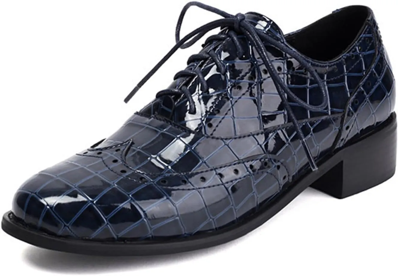 Women's Print Leather Low Heel Brogue Oxford Shoes Fashion Wingtip Comfort Non Slip Lace Up Block Heel Dress Shoes for Business Evening Dating
