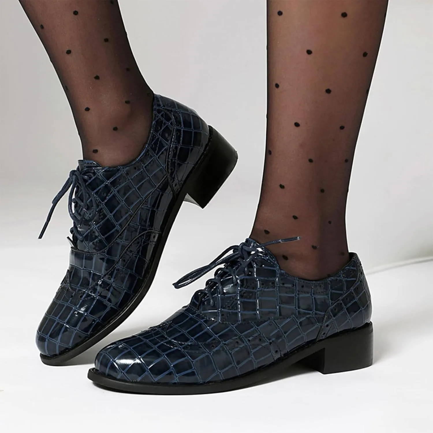 Women's Print Leather Low Heel Brogue Oxford Shoes Fashion Wingtip Comfort Non Slip Lace Up Block Heel Dress Shoes for Business Evening Dating