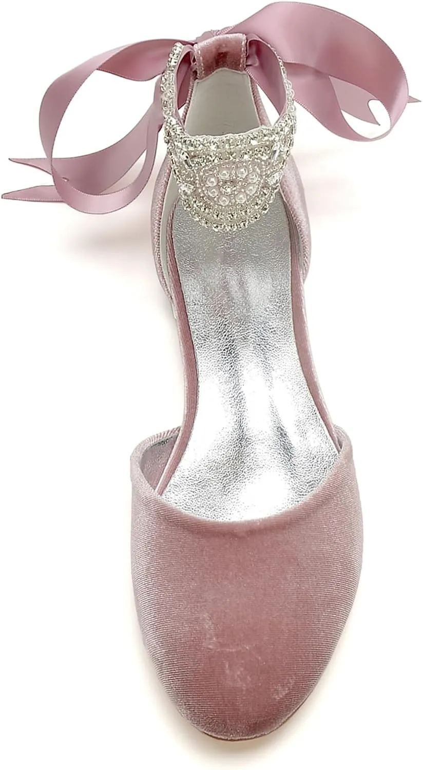 Women's Pump Round Toe Flat Heels 1.5CM Bridal Shoes Wedding High Heels Bowknot Party Guests Ankle Strap Evening Formal Comfortable Sandals