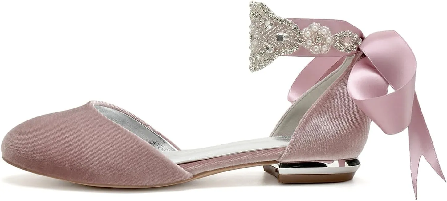 Women's Pump Round Toe Flat Heels 1.5CM Bridal Shoes Wedding High Heels Bowknot Party Guests Ankle Strap Evening Formal Comfortable Sandals