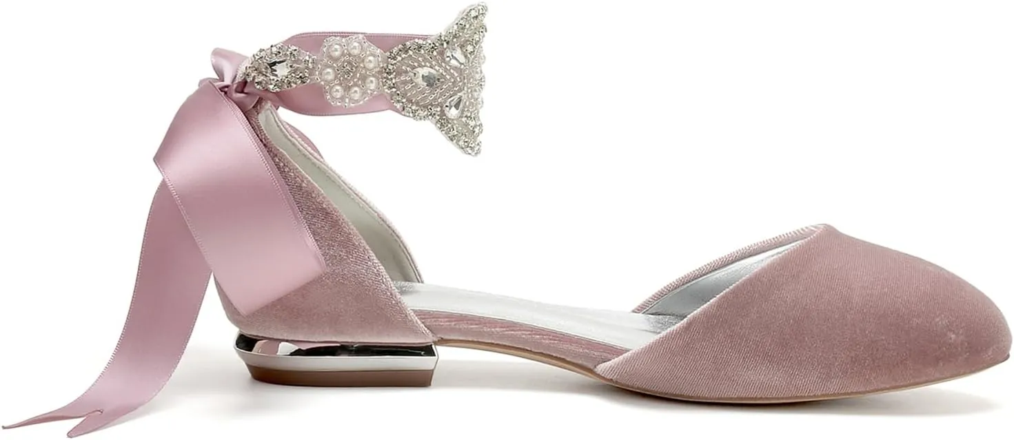 Women's Pump Round Toe Flat Heels 1.5CM Bridal Shoes Wedding High Heels Bowknot Party Guests Ankle Strap Evening Formal Comfortable Sandals