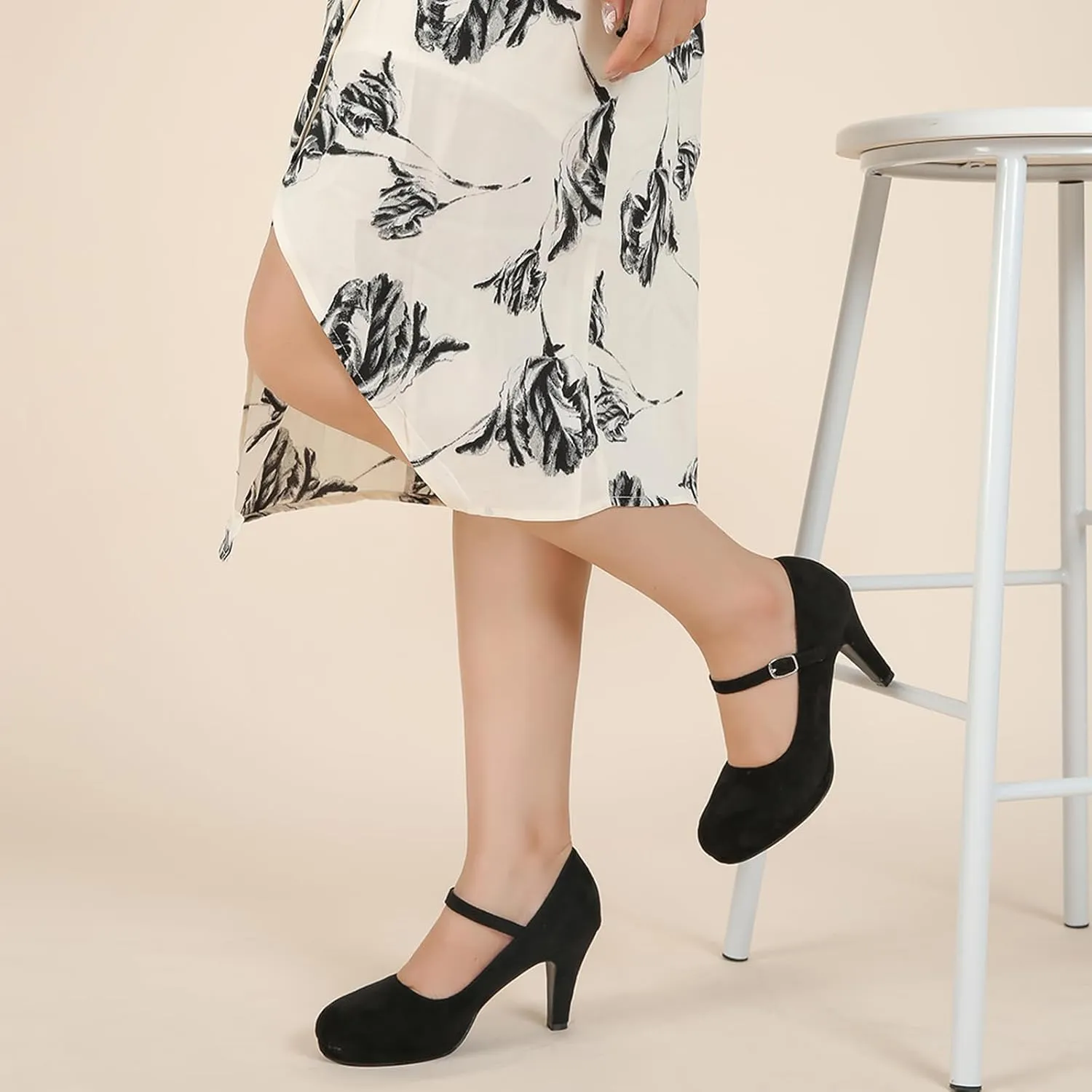 Women's Pumps Close Toe High Heels Classic Round Toe Mary Jane Comfortable Low Platform Ankle Strap Dress Shoes