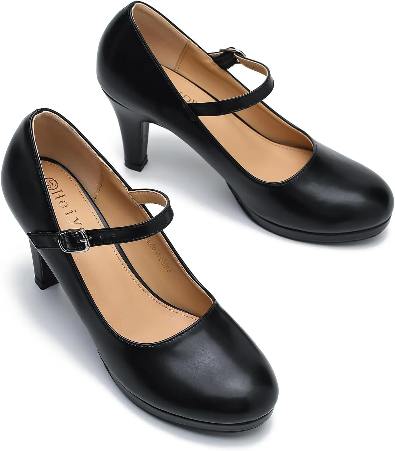 Women's Pumps Close Toe High Heels Classic Round Toe Mary Jane Comfortable Low Platform Ankle Strap Dress Shoes