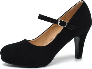 Women's Pumps Close Toe High Heels Classic Round Toe Mary Jane Comfortable Low Platform Ankle Strap Dress Shoes