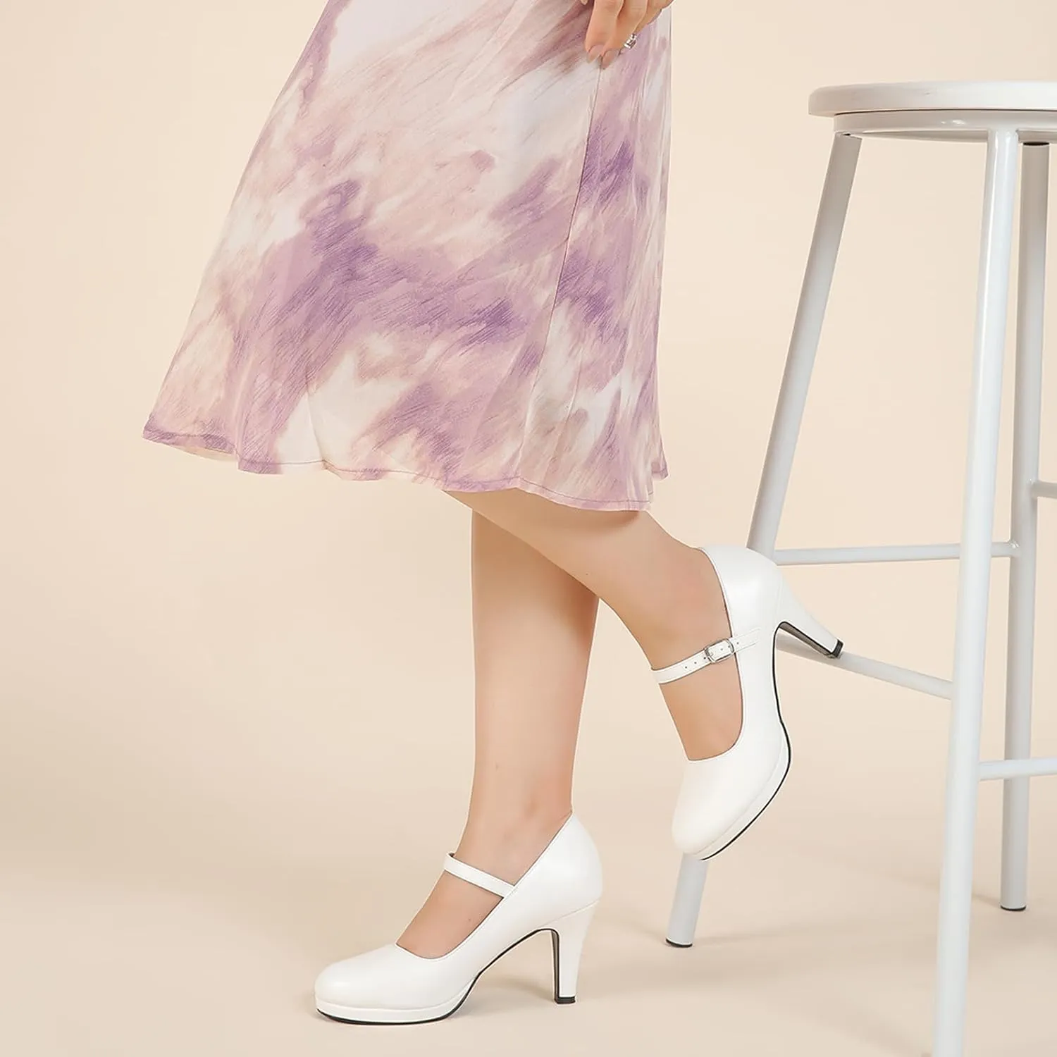 Women's Pumps Close Toe High Heels Classic Round Toe Mary Jane Comfortable Low Platform Ankle Strap Dress Shoes