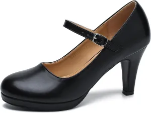 Women's Pumps Close Toe High Heels Classic Round Toe Mary Jane Comfortable Low Platform Ankle Strap Dress Shoes