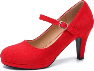 Women's Pumps Close Toe High Heels Classic Round Toe Mary Jane Comfortable Low Platform Ankle Strap Dress Shoes