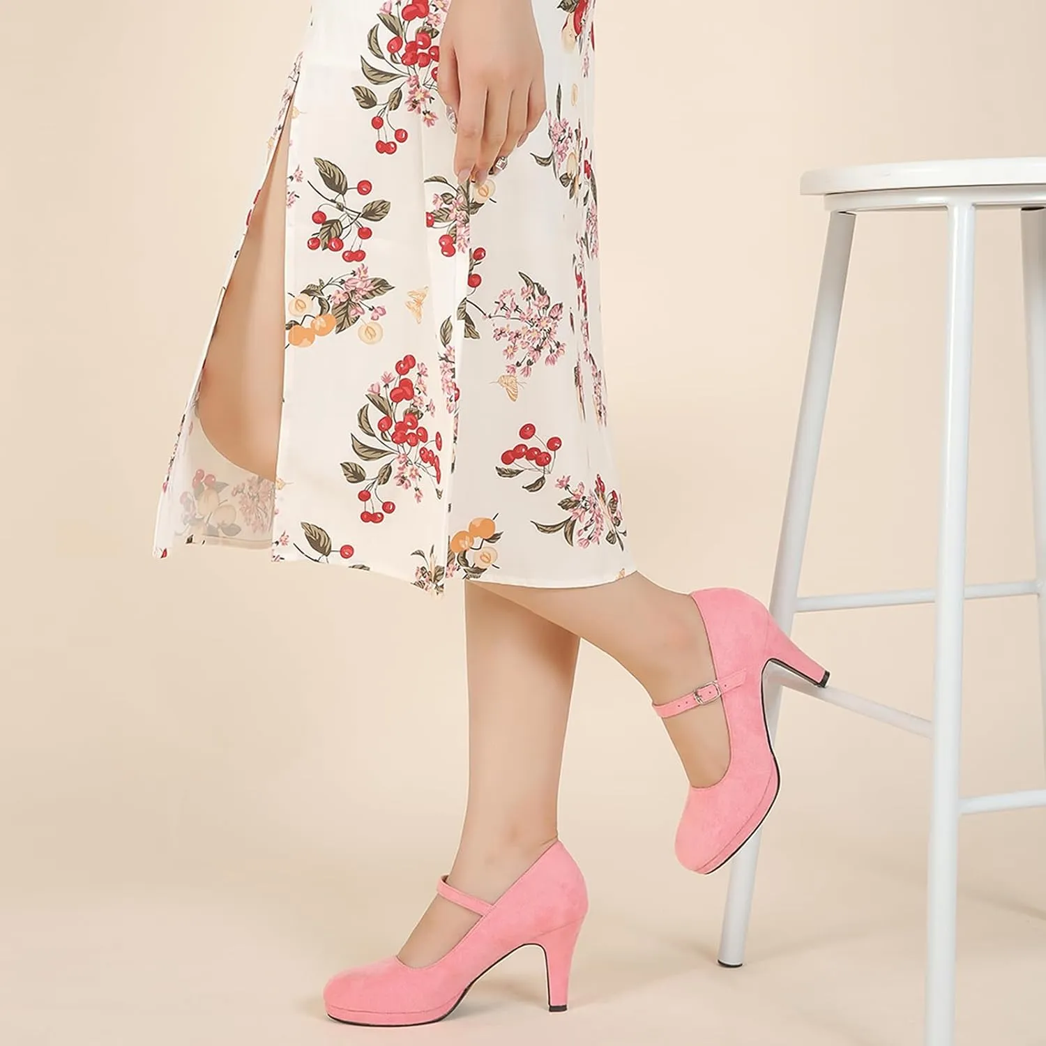 Women's Pumps Close Toe High Heels Classic Round Toe Mary Jane Comfortable Low Platform Ankle Strap Dress Shoes