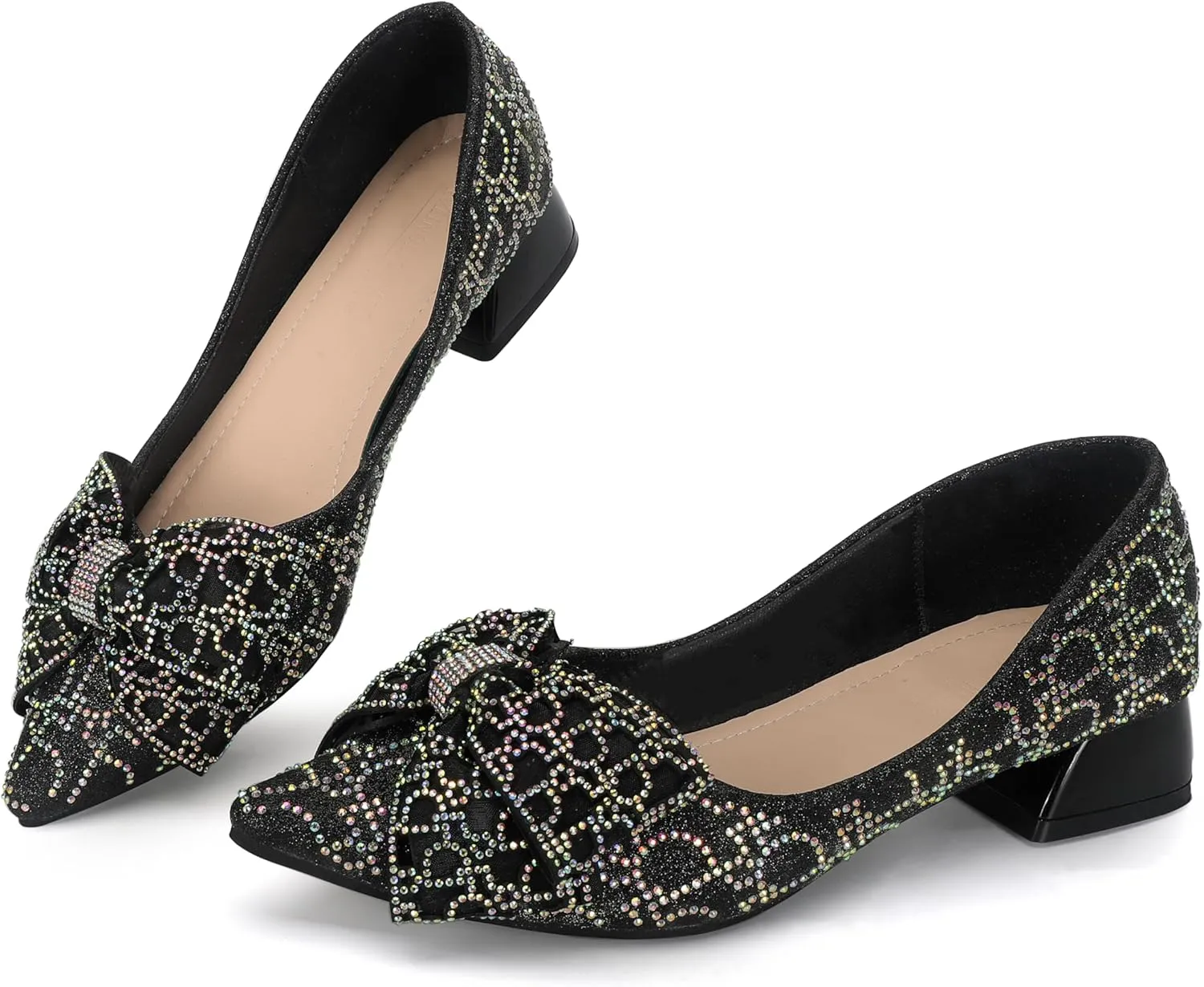 Womens Pumps Comfortable Ladies Dress Shoes Low Heel Pumps Rhinestones Bow Wedding Low Pumps Shoes