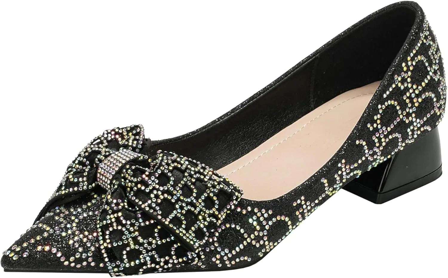 Womens Pumps Comfortable Ladies Dress Shoes Low Heel Pumps Rhinestones Bow Wedding Low Pumps Shoes