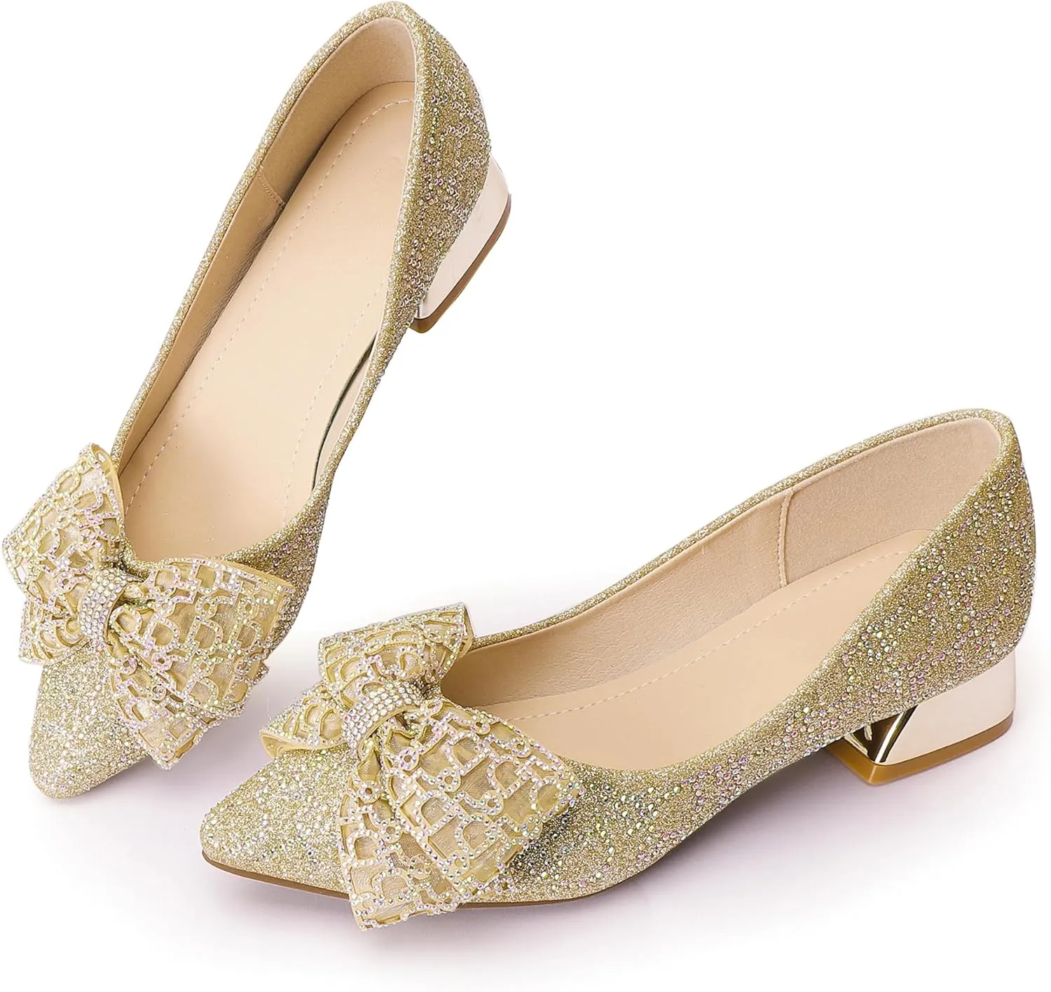 Womens Pumps Comfortable Ladies Dress Shoes Low Heel Pumps Rhinestones Bow Wedding Low Pumps Shoes