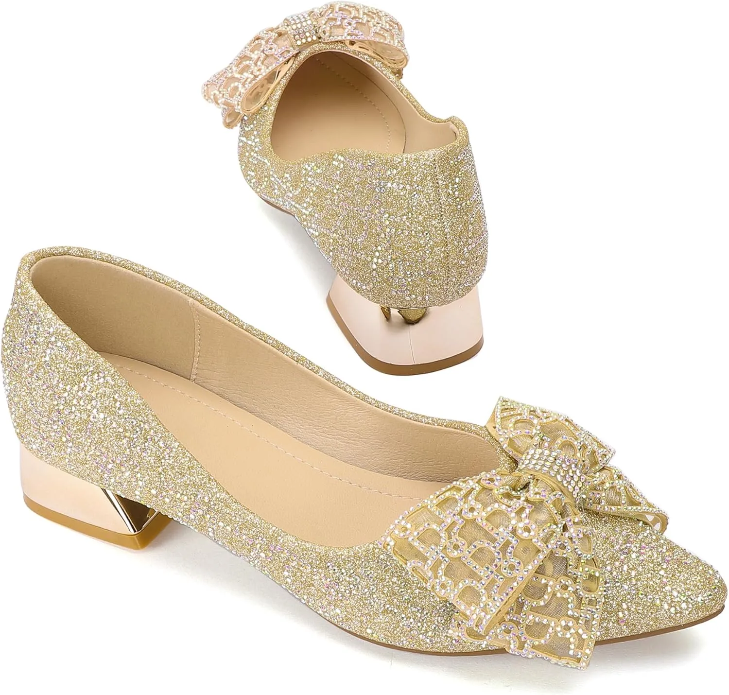 Womens Pumps Comfortable Ladies Dress Shoes Low Heel Pumps Rhinestones Bow Wedding Low Pumps Shoes