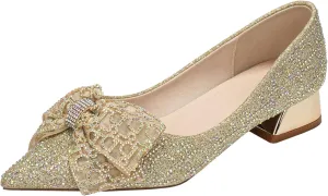 Womens Pumps Comfortable Ladies Dress Shoes Low Heel Pumps Rhinestones Bow Wedding Low Pumps Shoes