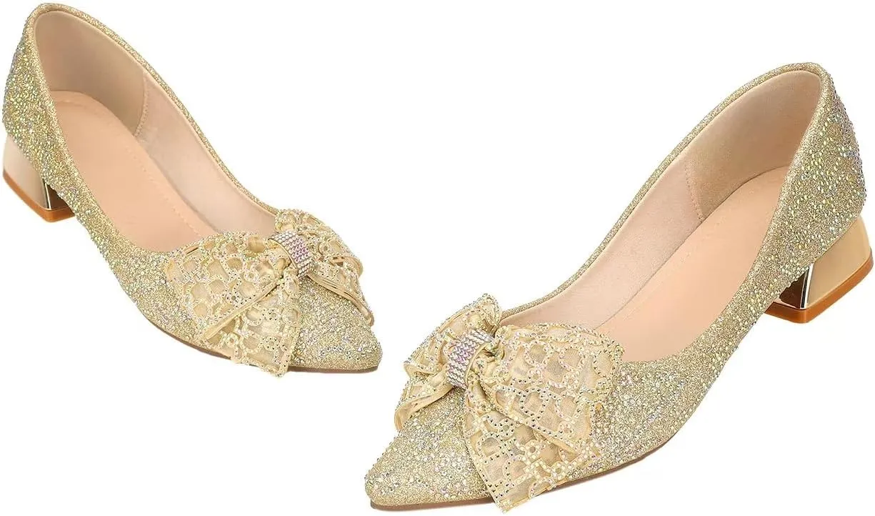 Womens Pumps Comfortable Ladies Dress Shoes Low Heel Pumps Rhinestones Bow Wedding Low Pumps Shoes