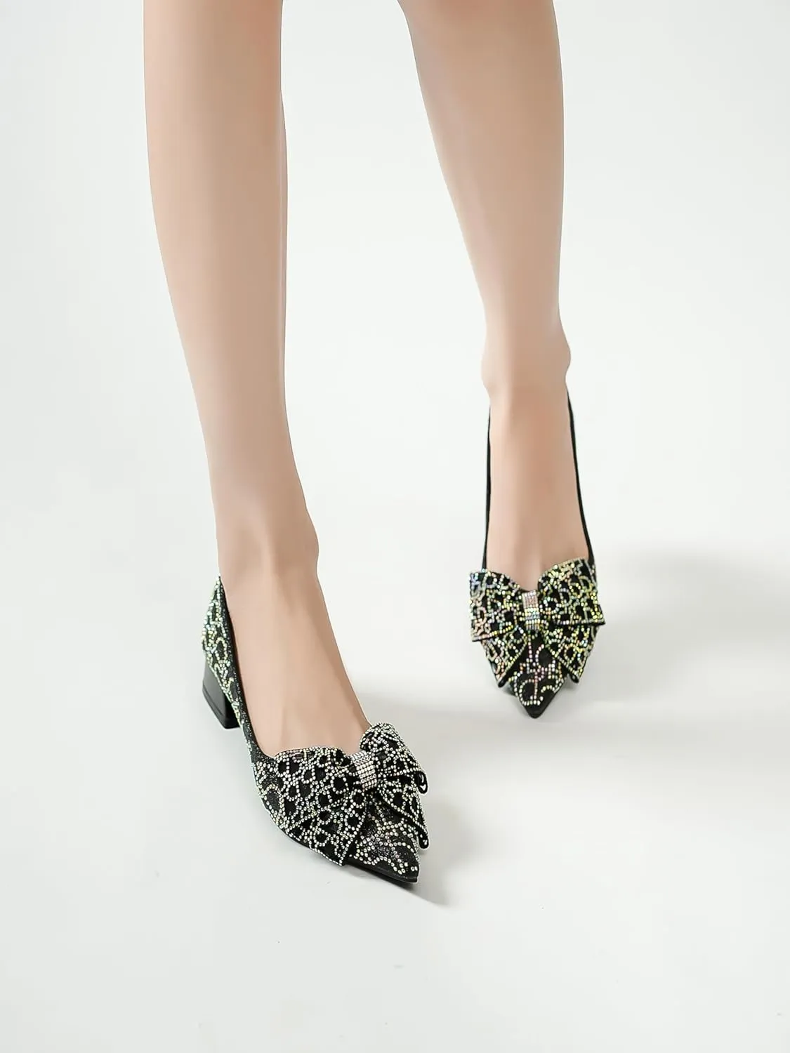 Womens Pumps Comfortable Ladies Dress Shoes Low Heel Pumps Rhinestones Bow Wedding Low Pumps Shoes