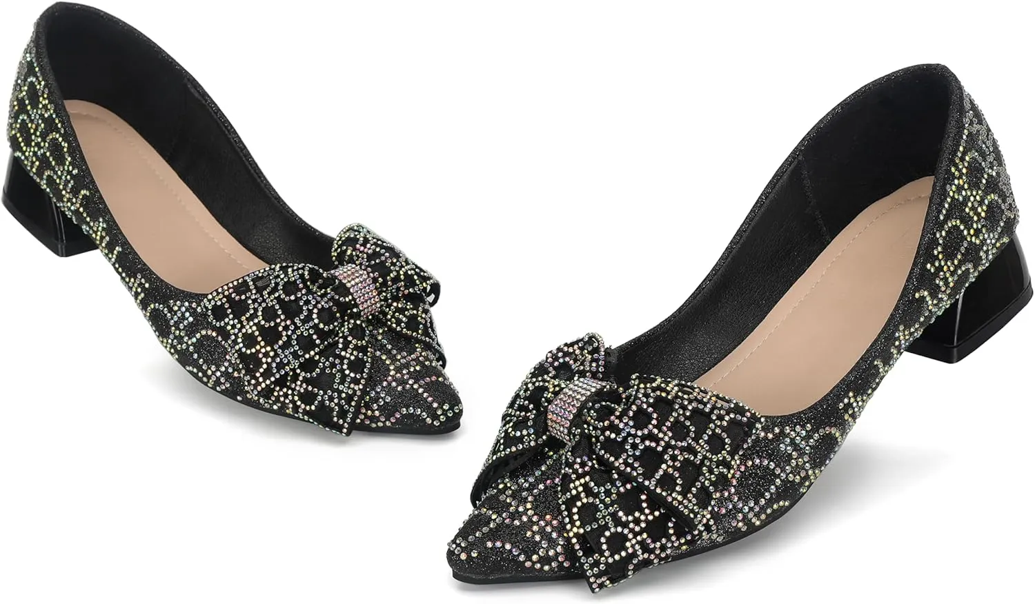 Womens Pumps Comfortable Ladies Dress Shoes Low Heel Pumps Rhinestones Bow Wedding Low Pumps Shoes