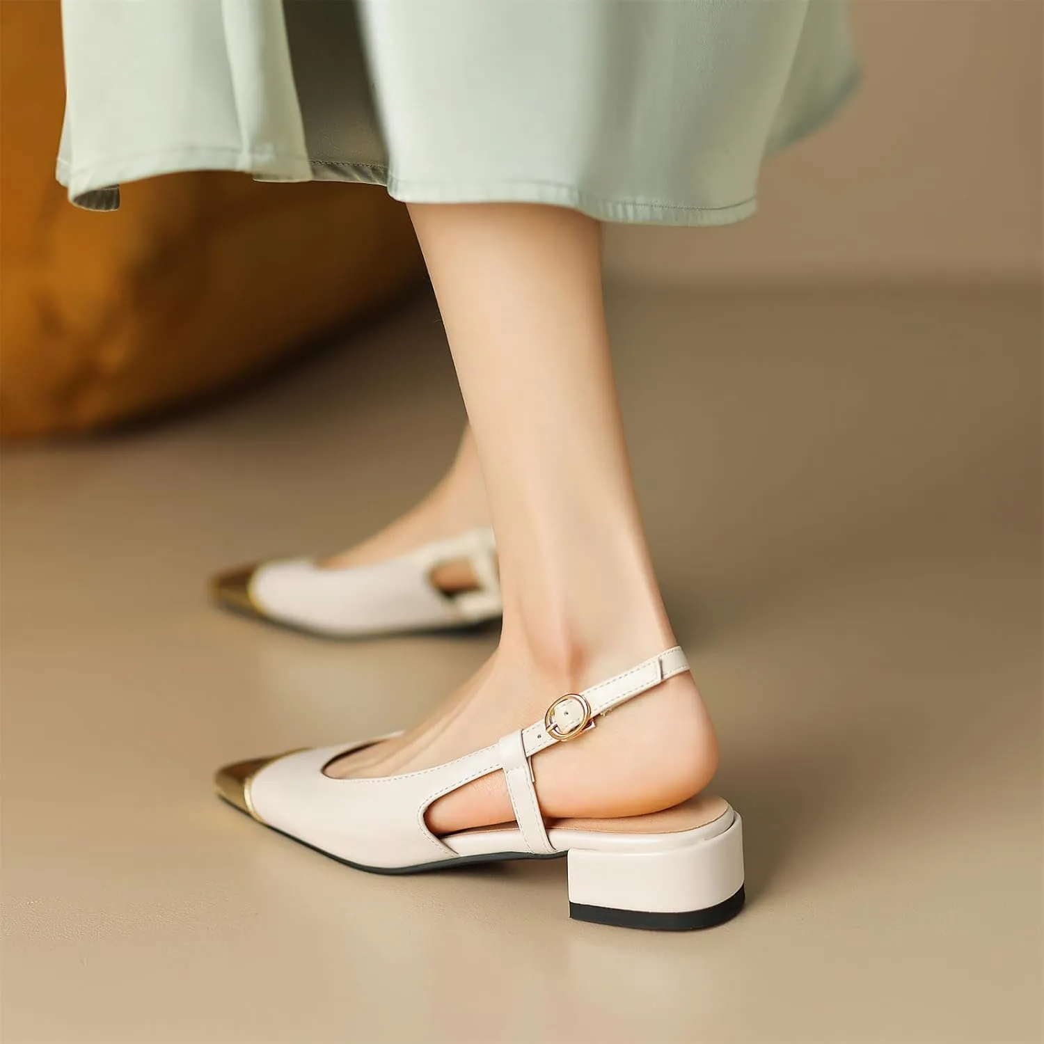 Women's Retro Cap Pointed Closed Toe Pump Slip-On Slingback Two Toned Chunky Low Block Heel Buckle Classic Work Office Church Casual Comfort Dress Shoes Business Party Shopping Dating Sandals