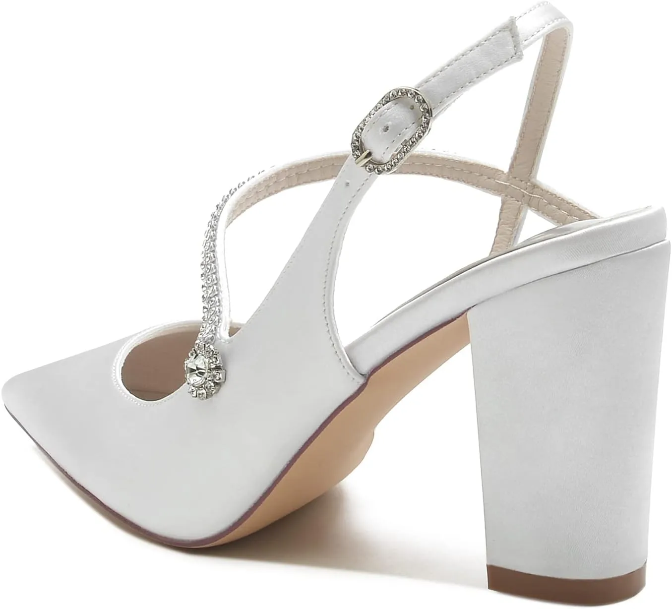 Womens Rhinestone Satin Heels Slingback Closed Pointed Toe Pumps Chunky Block Heels Wedding Party Shoes