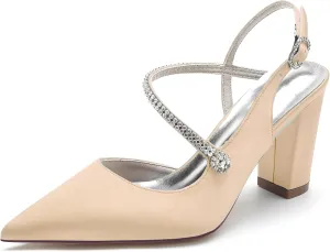Womens Rhinestone Satin Heels Slingback Closed Pointed Toe Pumps Chunky Block Heels Wedding Party Shoes