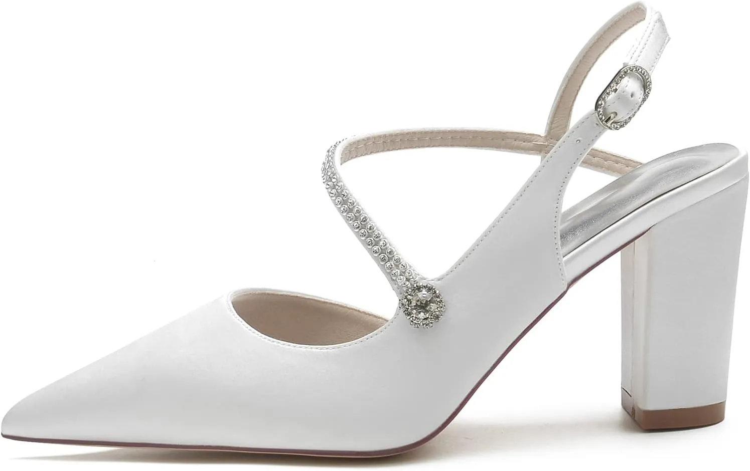 Womens Rhinestone Satin Heels Slingback Closed Pointed Toe Pumps Chunky Block Heels Wedding Party Shoes