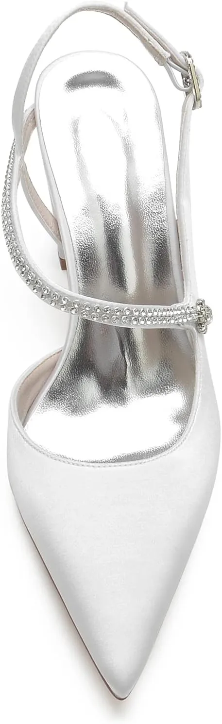 Womens Rhinestone Satin Heels Slingback Closed Pointed Toe Pumps Chunky Block Heels Wedding Party Shoes