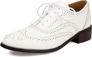 Women's Round Toe Low Chunky Heel Oxford Vintage Flat Pumps Comfortable Lace Up Business Wingtip Brogue Office Dress Shoes