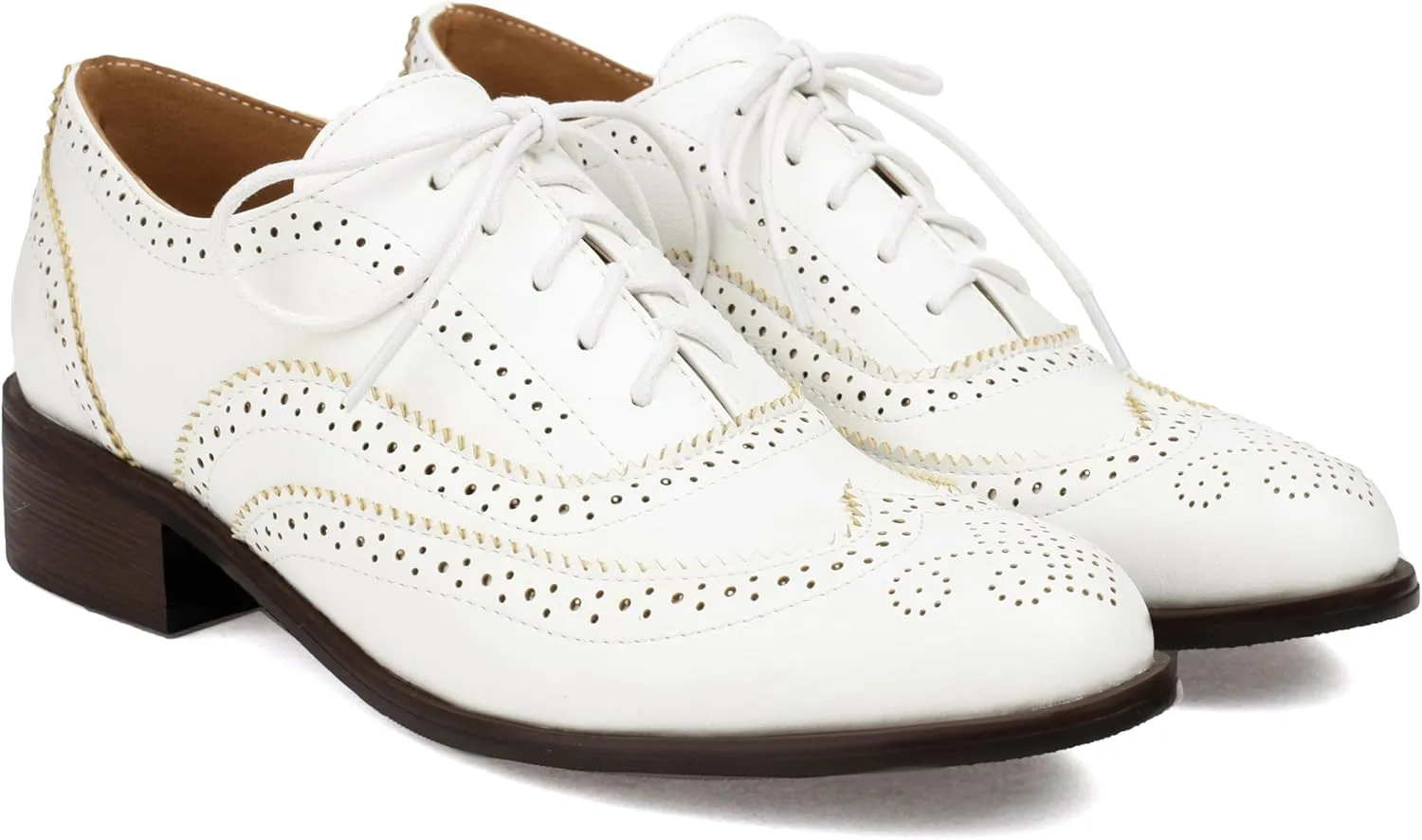 Women's Round Toe Low Chunky Heel Oxford Vintage Flat Pumps Comfortable Lace Up Business Wingtip Brogue Office Dress Shoes