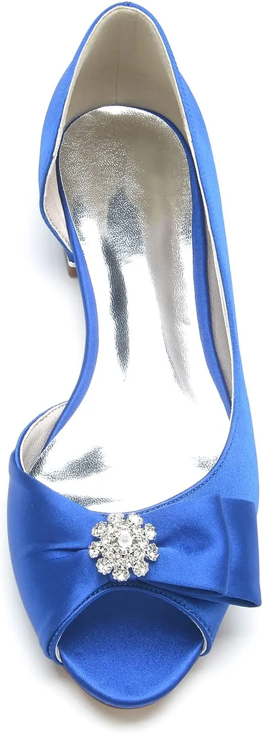 Women's Satin Ballet Flats Peep Toe Bow Bride Weeding Shoes Comfort Slip on Dress Shoes