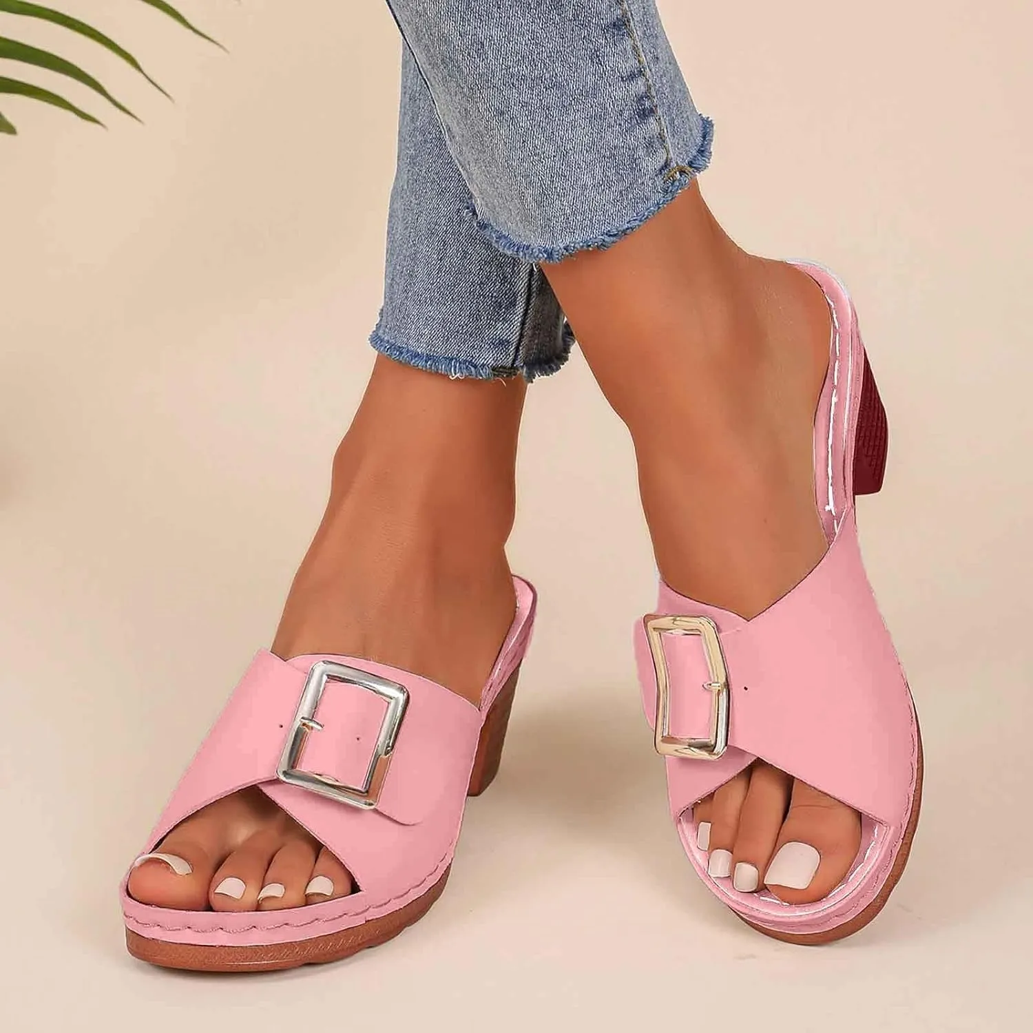 Women's Slide Heeled Sandals Opened Square Toe Chunky Block Heel Slippers with Buckle Slip on Long Womens Slippers
