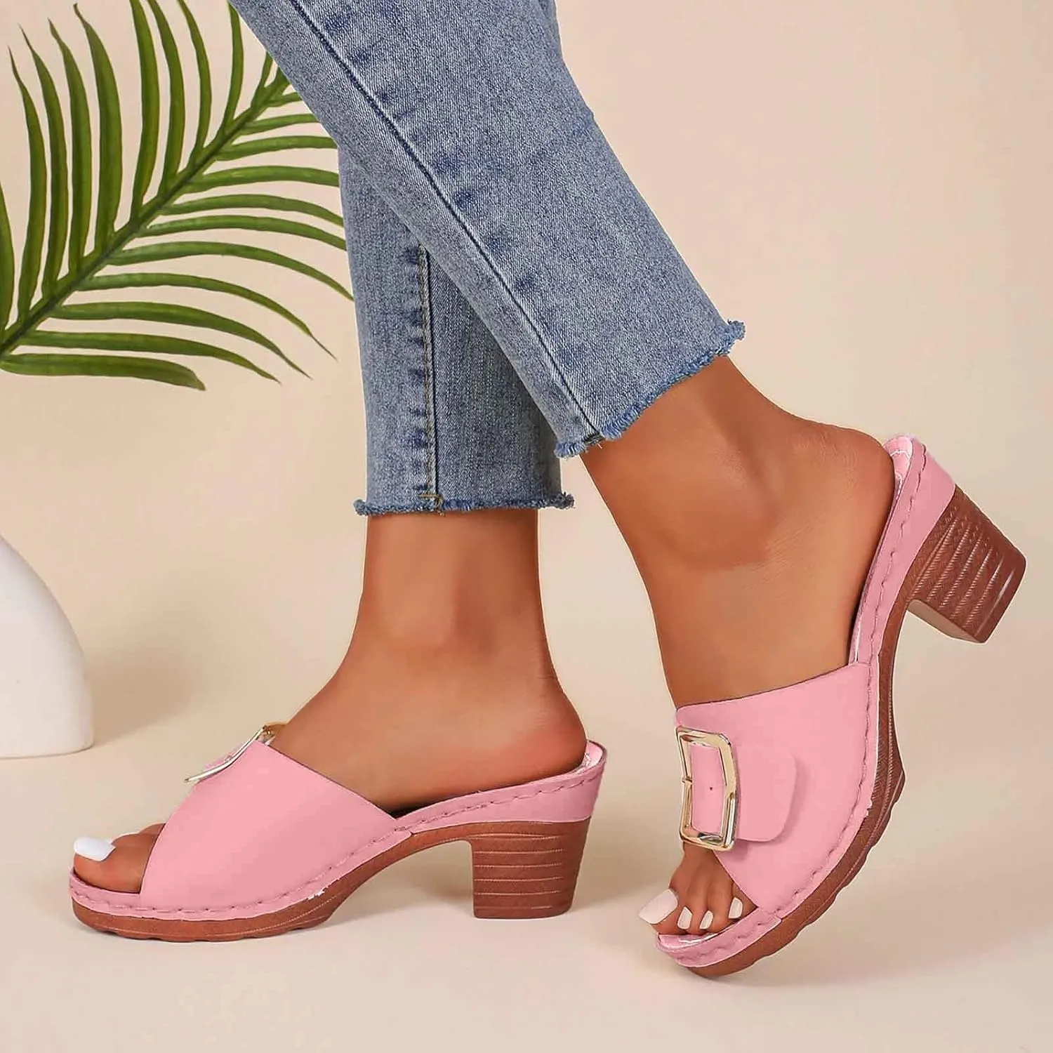 Women's Slide Heeled Sandals Opened Square Toe Chunky Block Heel Slippers with Buckle Slip on Long Womens Slippers