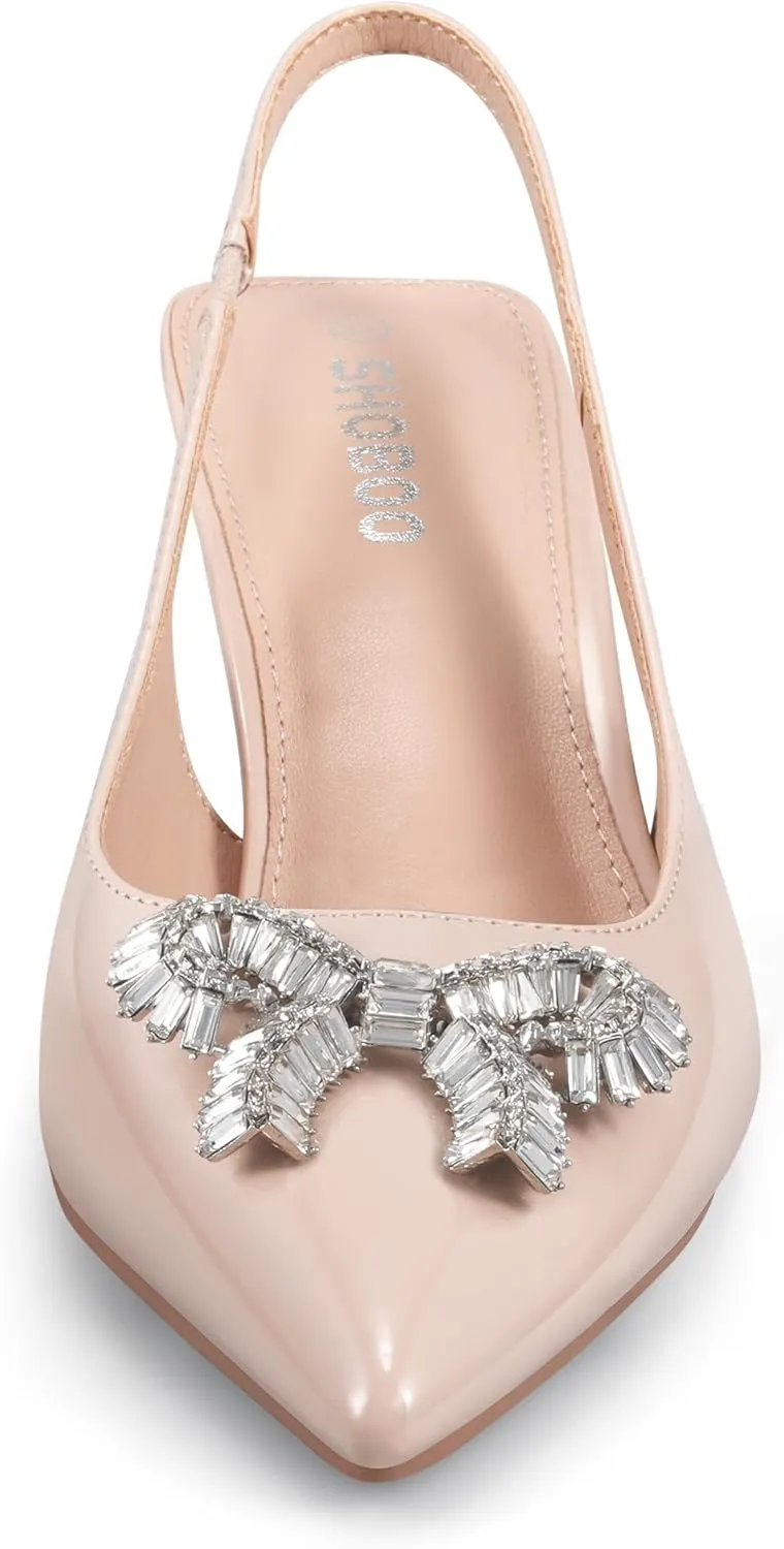 Women's Slingback Kitten Heels with Sparkly Rhinestone Bow - 2.4'' Inches Pointed Toe Pumps for Wedding Party Dress