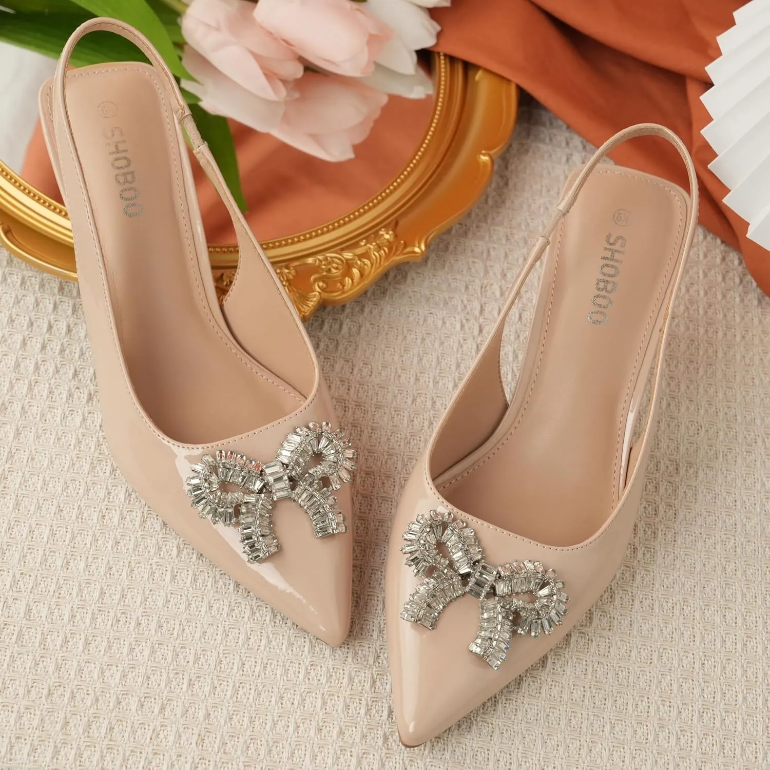 Women's Slingback Kitten Heels with Sparkly Rhinestone Bow - 2.4'' Inches Pointed Toe Pumps for Wedding Party Dress