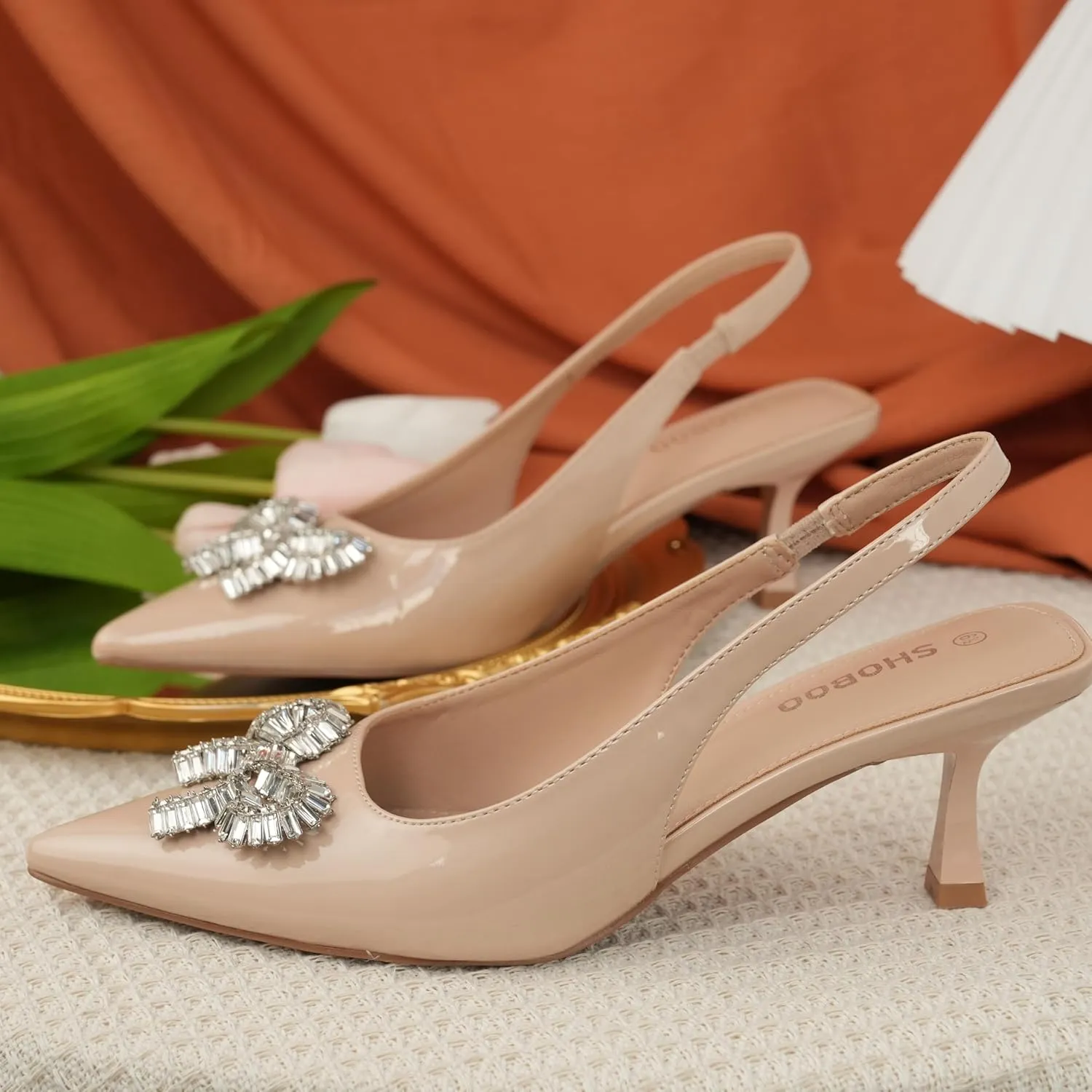 Women's Slingback Kitten Heels with Sparkly Rhinestone Bow - 2.4'' Inches Pointed Toe Pumps for Wedding Party Dress