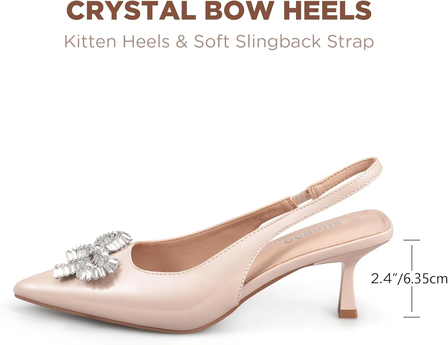 Women's Slingback Kitten Heels with Sparkly Rhinestone Bow - 2.4'' Inches Pointed Toe Pumps for Wedding Party Dress