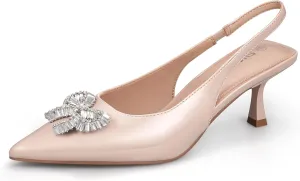 Women's Slingback Kitten Heels with Sparkly Rhinestone Bow - 2.4'' Inches Pointed Toe Pumps for Wedding Party Dress