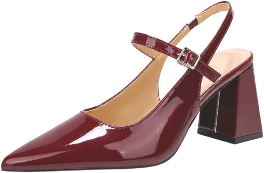 Women’s Slingback Pumps with Ankle Strap, Block Chunky Heel Shoes Pointed Toe with Adjustable Buckle Strappy Heels Wedding Party Dress Shoes Work Pumps