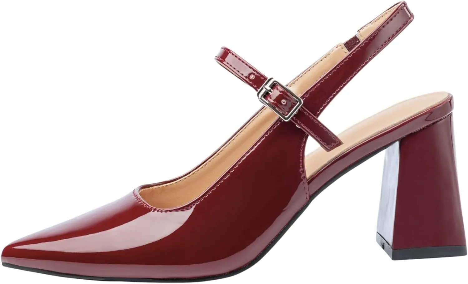 Women’s Slingback Pumps with Ankle Strap, Block Chunky Heel Shoes Pointed Toe with Adjustable Buckle Strappy Heels Wedding Party Dress Shoes Work Pumps