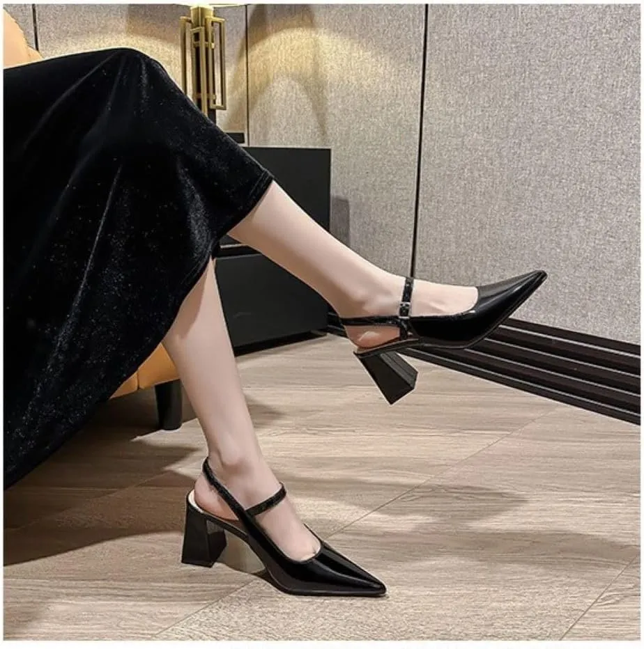 Women’s Slingback Pumps with Ankle Strap, Block Chunky Heel Shoes Pointed Toe with Adjustable Buckle Strappy Heels Wedding Party Dress Shoes Work Pumps