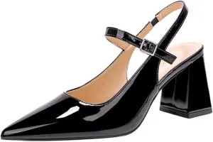 Women’s Slingback Pumps with Ankle Strap, Block Chunky Heel Shoes Pointed Toe with Adjustable Buckle Strappy Heels Wedding Party Dress Shoes Work Pumps