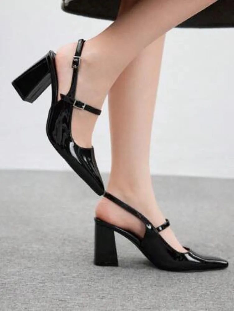 Women’s Slingback Pumps with Ankle Strap, Block Chunky Heel Shoes Pointed Toe with Adjustable Buckle Strappy Heels Wedding Party Dress Shoes Work Pumps
