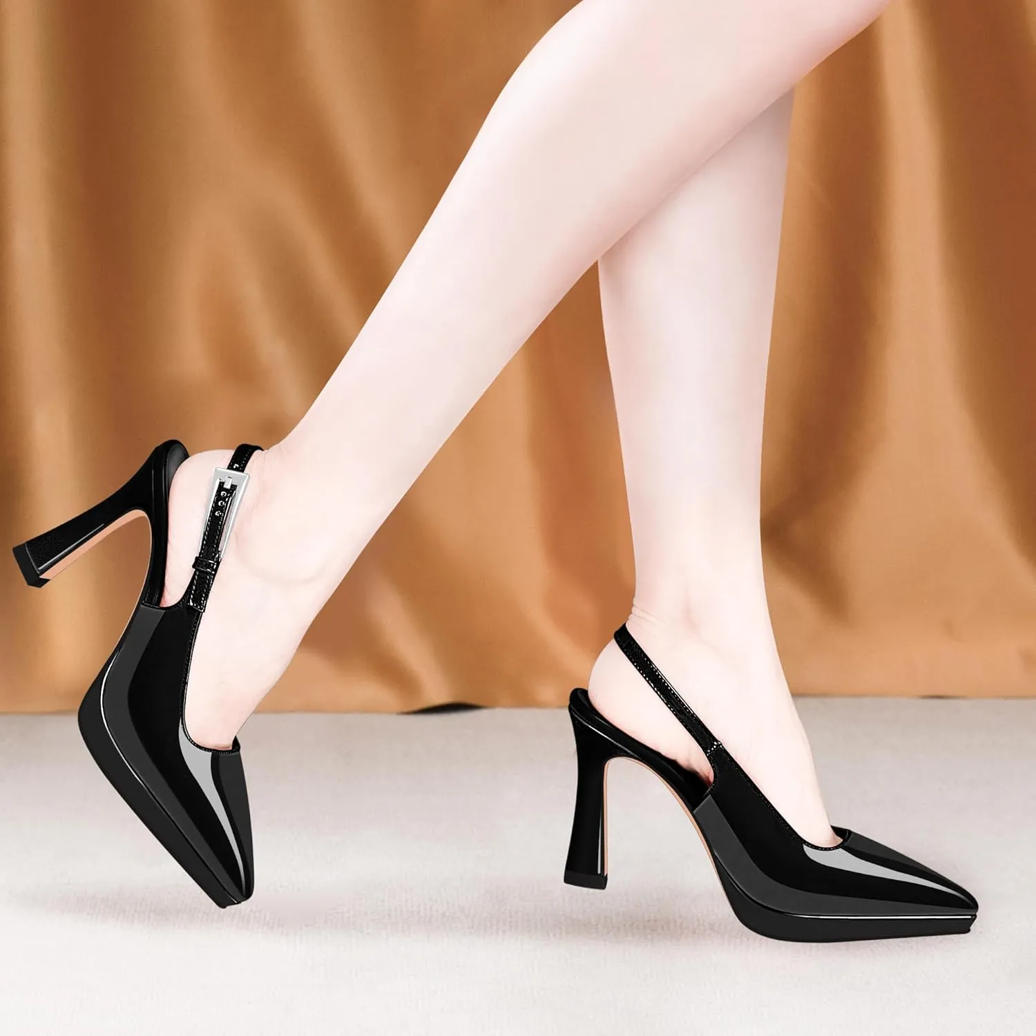 Women's Slingbacks High Heel Platform Pumps Pointed Toe Buckle Strap Dress Shoes