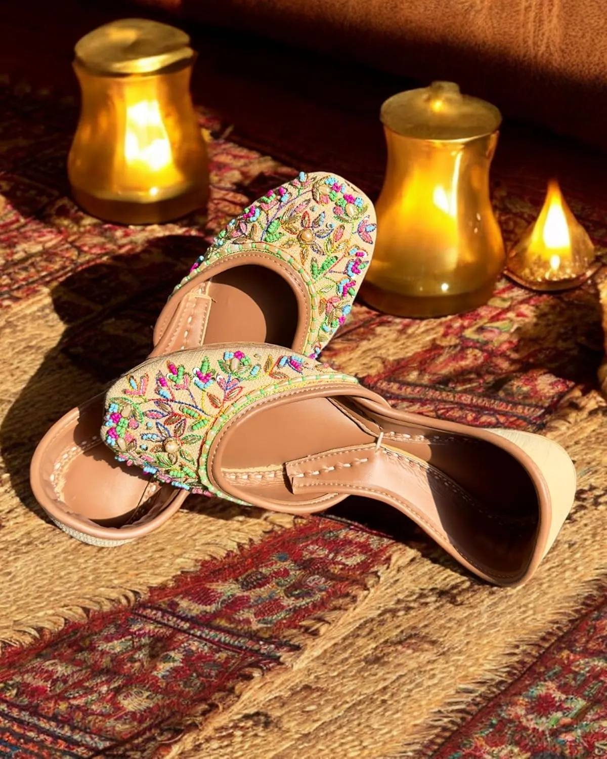Women's Slip On Traditional Handmade Khussa Bridal Mojari Punjabi Jutti Ethnic Ballet Flats