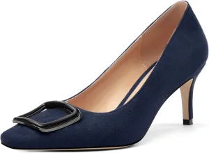 Women's Stiletto High Heel Square Toe Pumps, Sexy Party Closed Toe Classic Dress Heeled Shoes with Square Buckle 2.5in