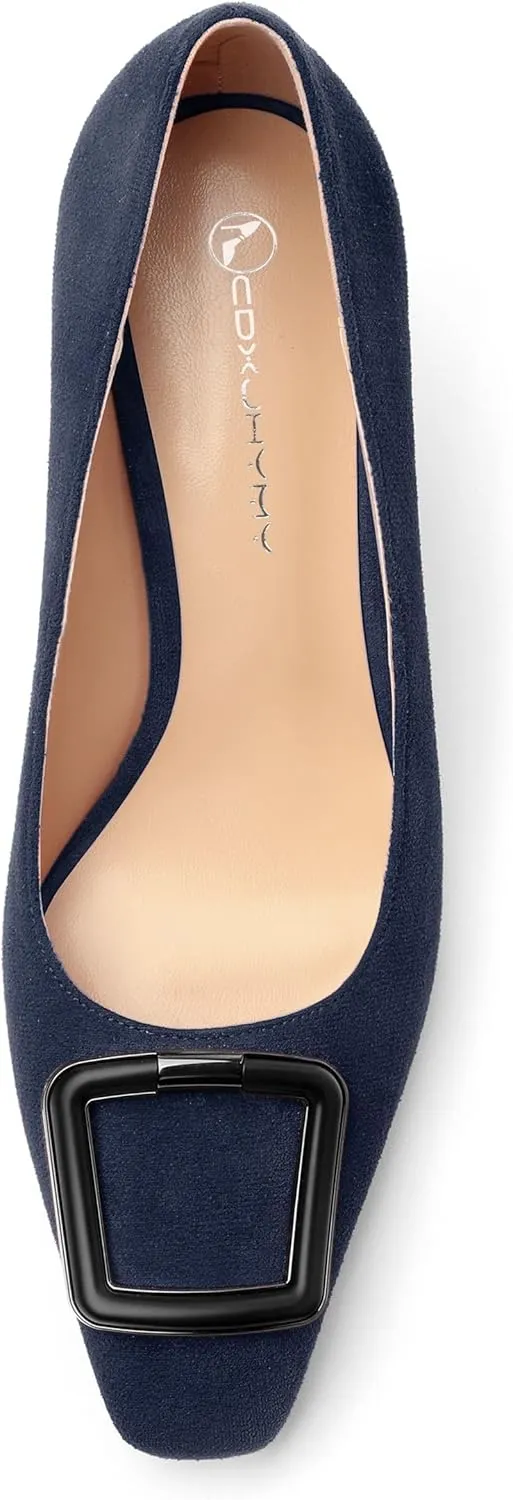 Women's Stiletto High Heel Square Toe Pumps, Sexy Party Closed Toe Classic Dress Heeled Shoes with Square Buckle 2.5in