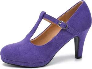 Womens T Strap High Heels Close Toe Classic Round Toe Shoes Comfortable Low Platform Ankle Strap Mary Jane Dress Pumps