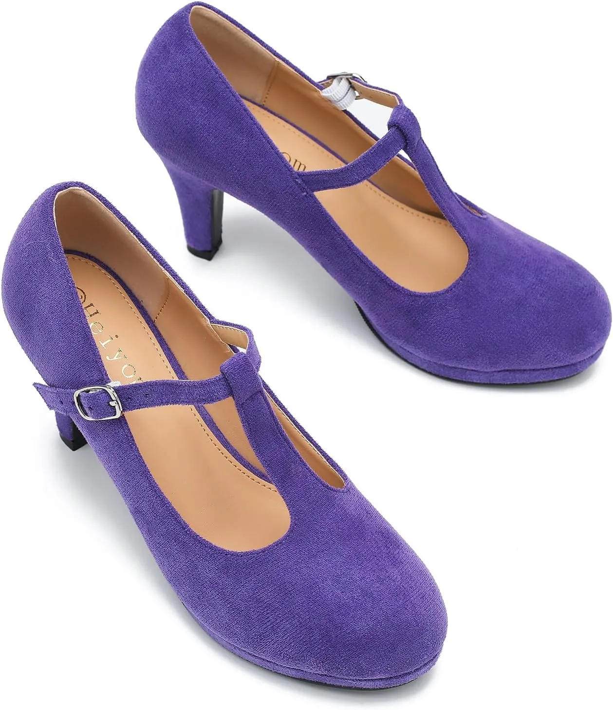 Womens T Strap High Heels Close Toe Classic Round Toe Shoes Comfortable Low Platform Ankle Strap Mary Jane Dress Pumps