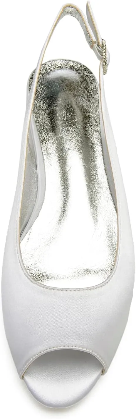 Women's with Buckle Satin Wedding Dress Shoes Slingback Sandals Peep Toe Flat Pumps Evening Party Comfort Bridal Flats