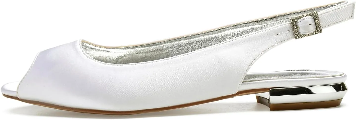 Women's with Buckle Satin Wedding Dress Shoes Slingback Sandals Peep Toe Flat Pumps Evening Party Comfort Bridal Flats