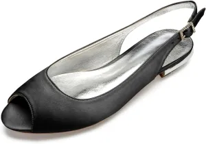 Women's with Buckle Satin Wedding Dress Shoes Slingback Sandals Peep Toe Flat Pumps Evening Party Comfort Bridal Flats