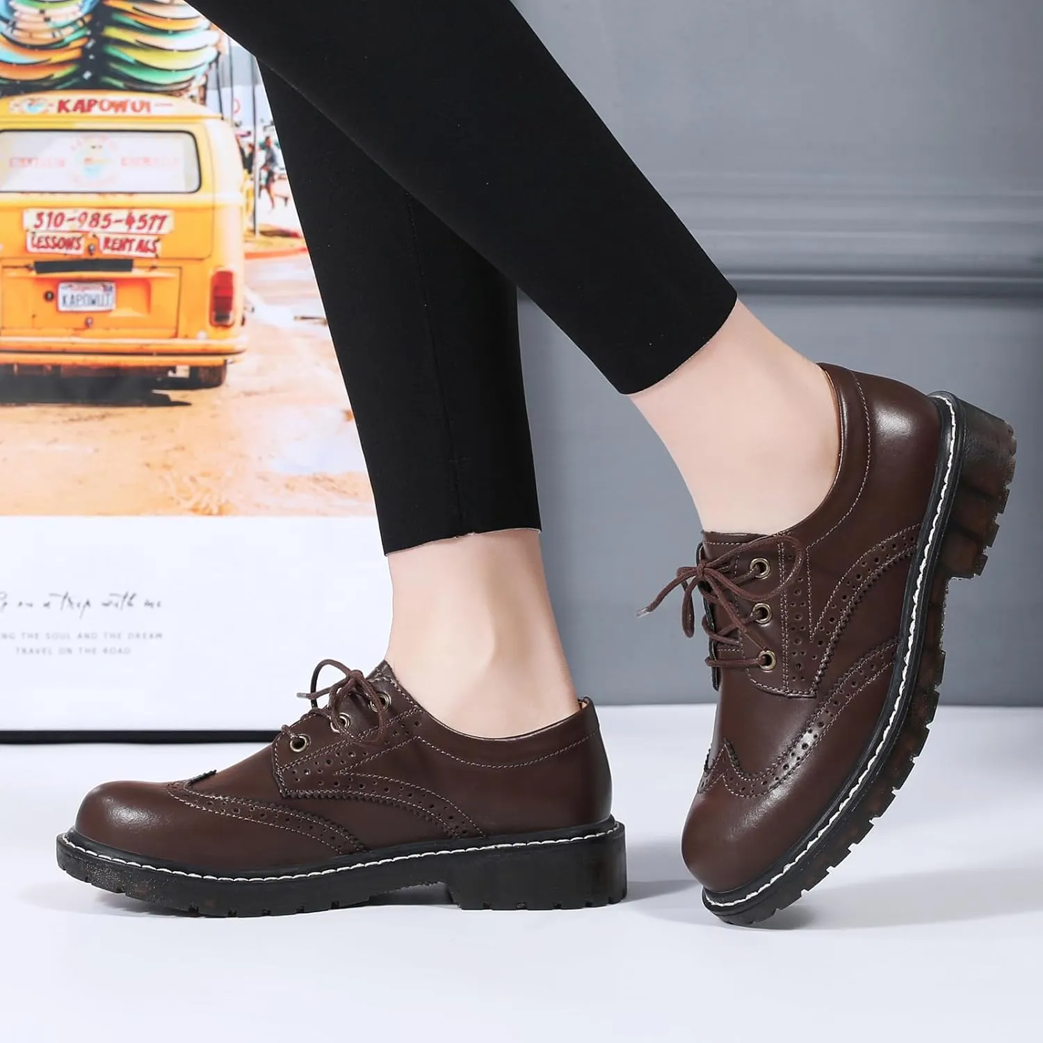 XMM Oxford Shoes for Women Women's Oxford Shoe Lace-Up Round Toe Leather Flat Classic Non-Slip Work Business Dress Office Shoes